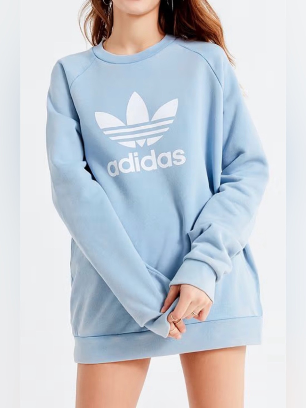 Adidas Long Crewneck Sweatshirt 100% Cotton White Logo In Light Blue Size L